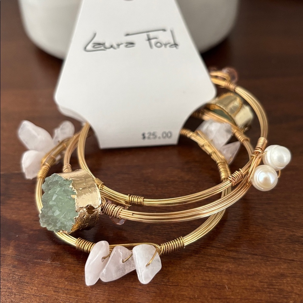 Laura Ford Triple Bangle Goldtone bracelet, green druzy,white pearls,light pink